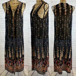 Highness Black Semi Sheer Paisley Print Open Front Long Kimono